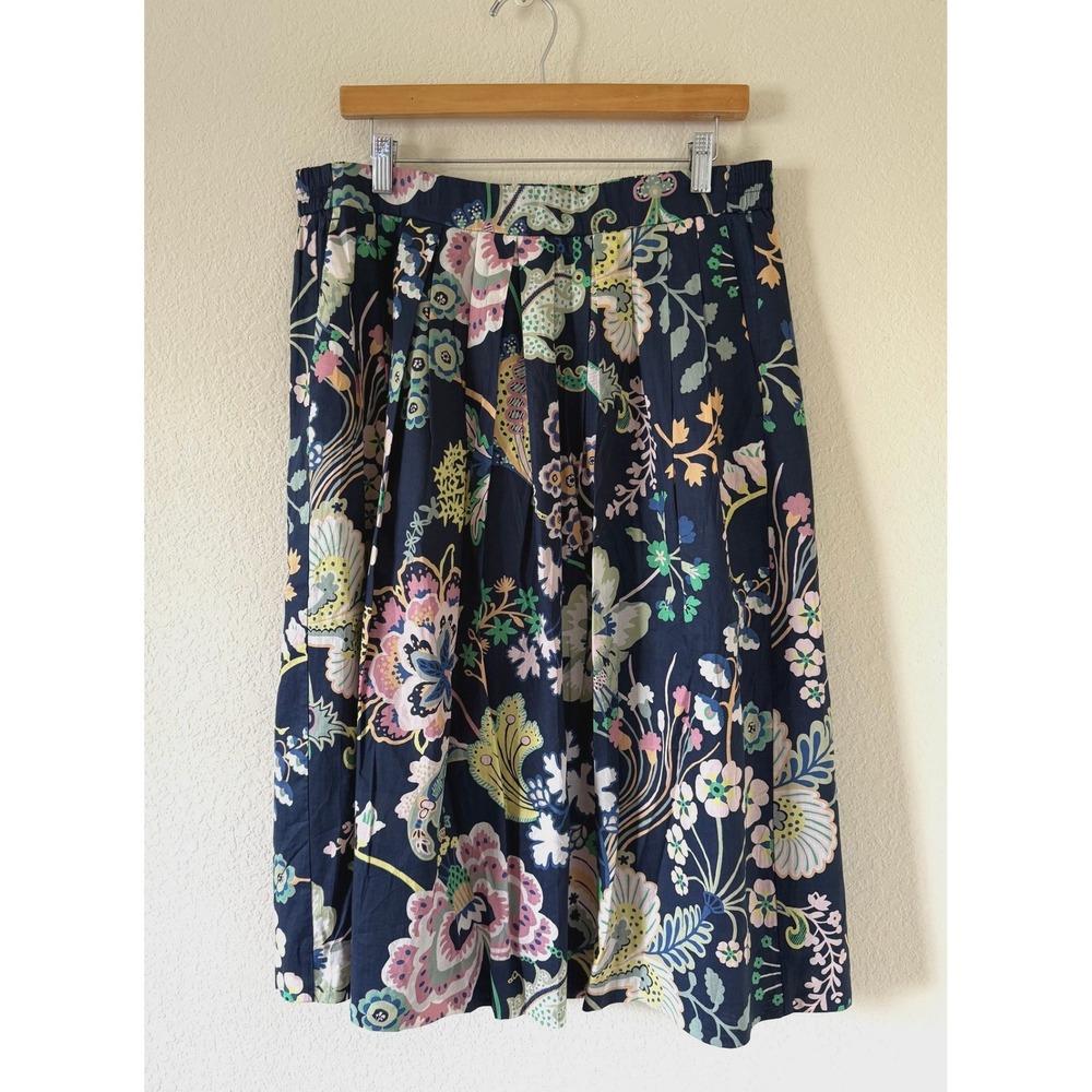 J.Crew Navy Floral Paisley Cotton Midi Skirt Pockets Womens Size 14 Cottagecore